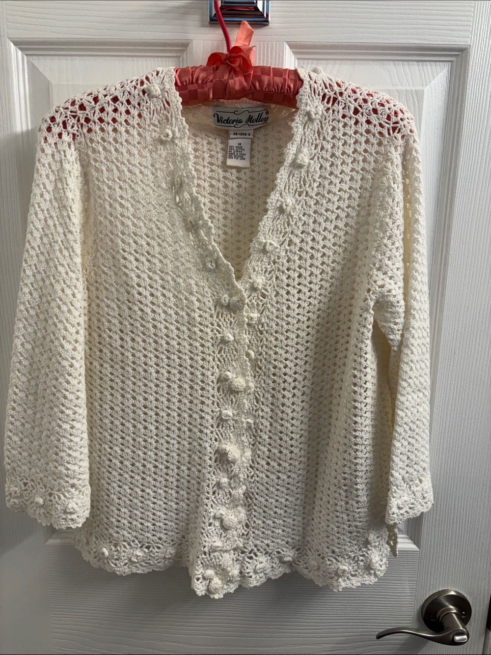Wow! Vintage VICTORIA HOLLEY White/Cream Crochet Cardigan Sweater Boho! M